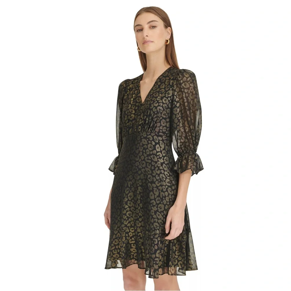 NWT Harper Rose 3/4 Sleeve Tulip Cuff Dress Black & Gold Size 4 - Picture 3 of 6